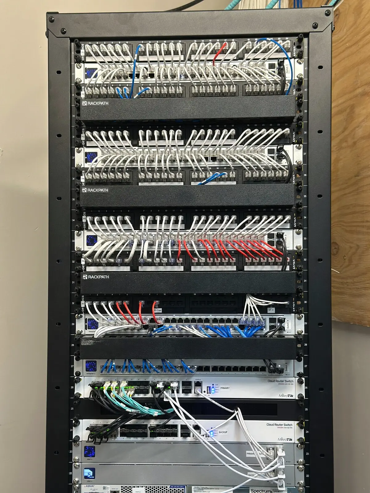 Completed multi-switch network rack with organized patch cabling