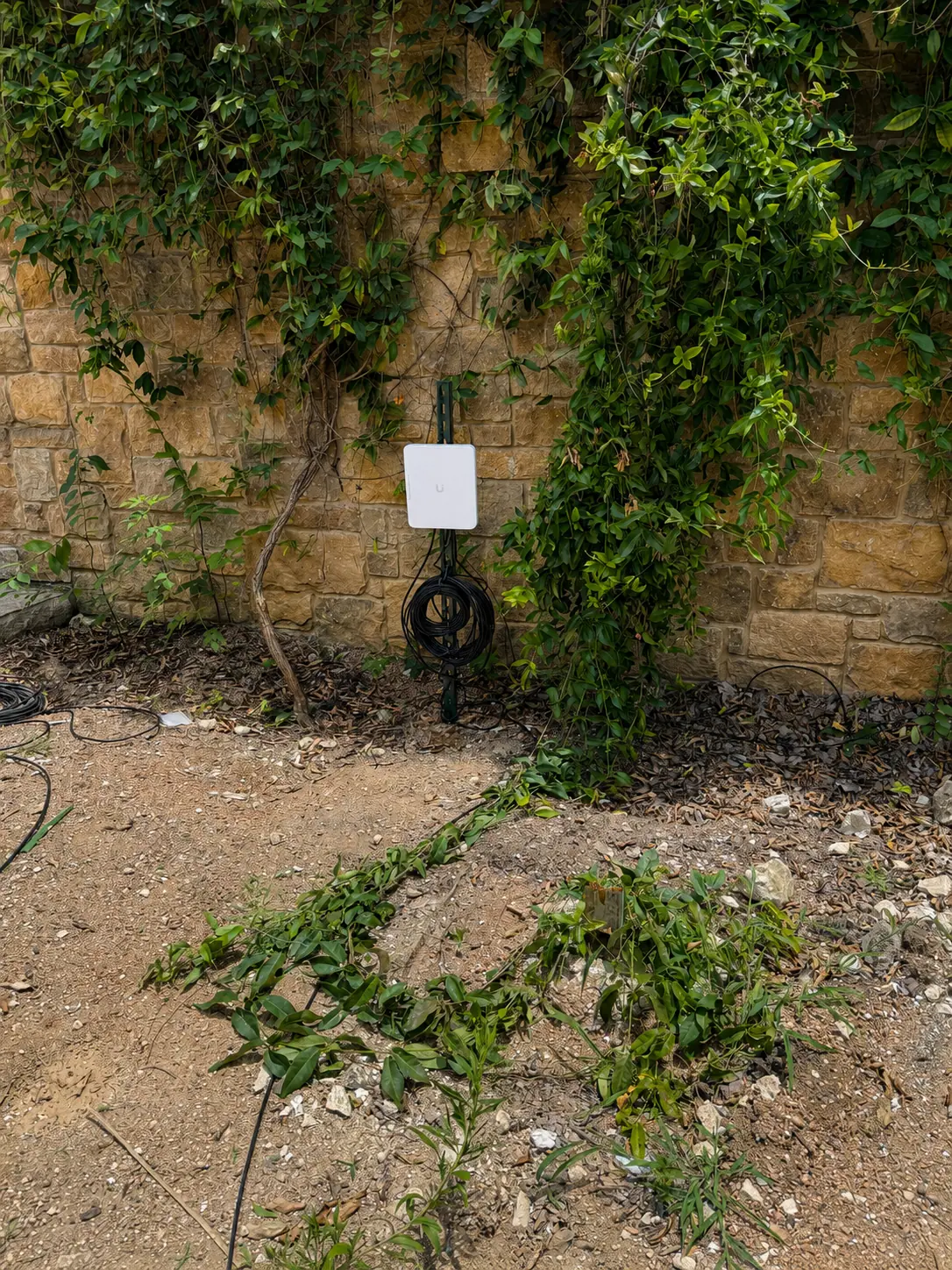 Completed outdoor UniFi device mounted beside a stone wall