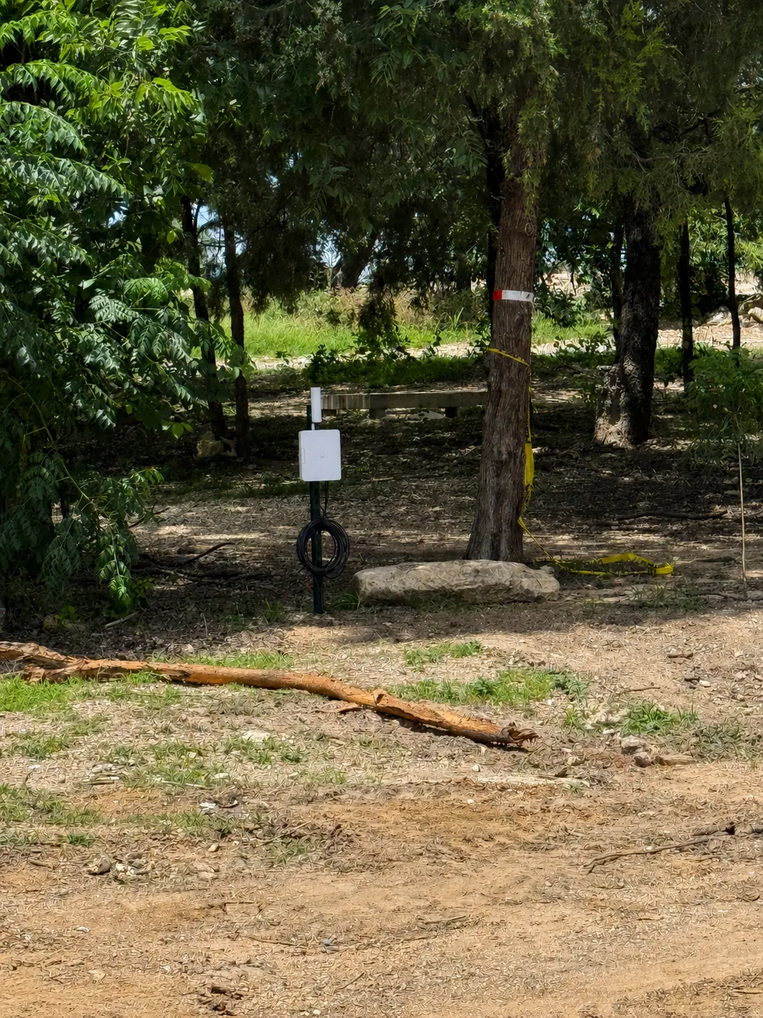 Long view of wireless equipment installed across a wooded property